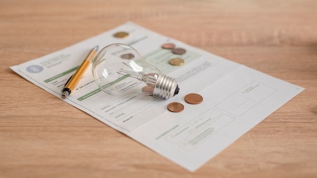 Electricity bill with light bulb several coins and pen on the desk Concept of electricity prices and tax payments