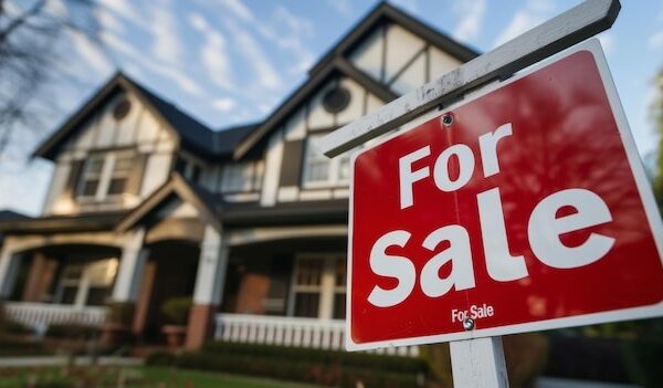 ed For Sale sign in focus with a blurred background of a residential house suggesting that the property is on the market