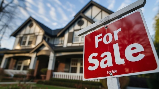ed For Sale sign in focus with a blurred background of a residential house suggesting that the property is on the market