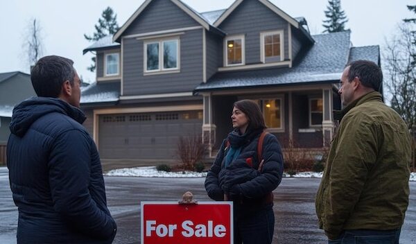 a man and a woman are standing in front of a house that says for sale