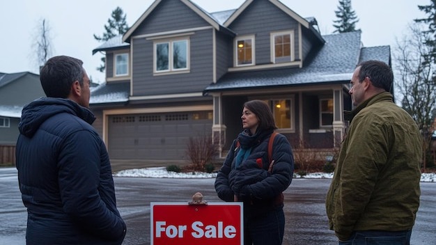 a man and a woman are standing in front of a house that says for sale