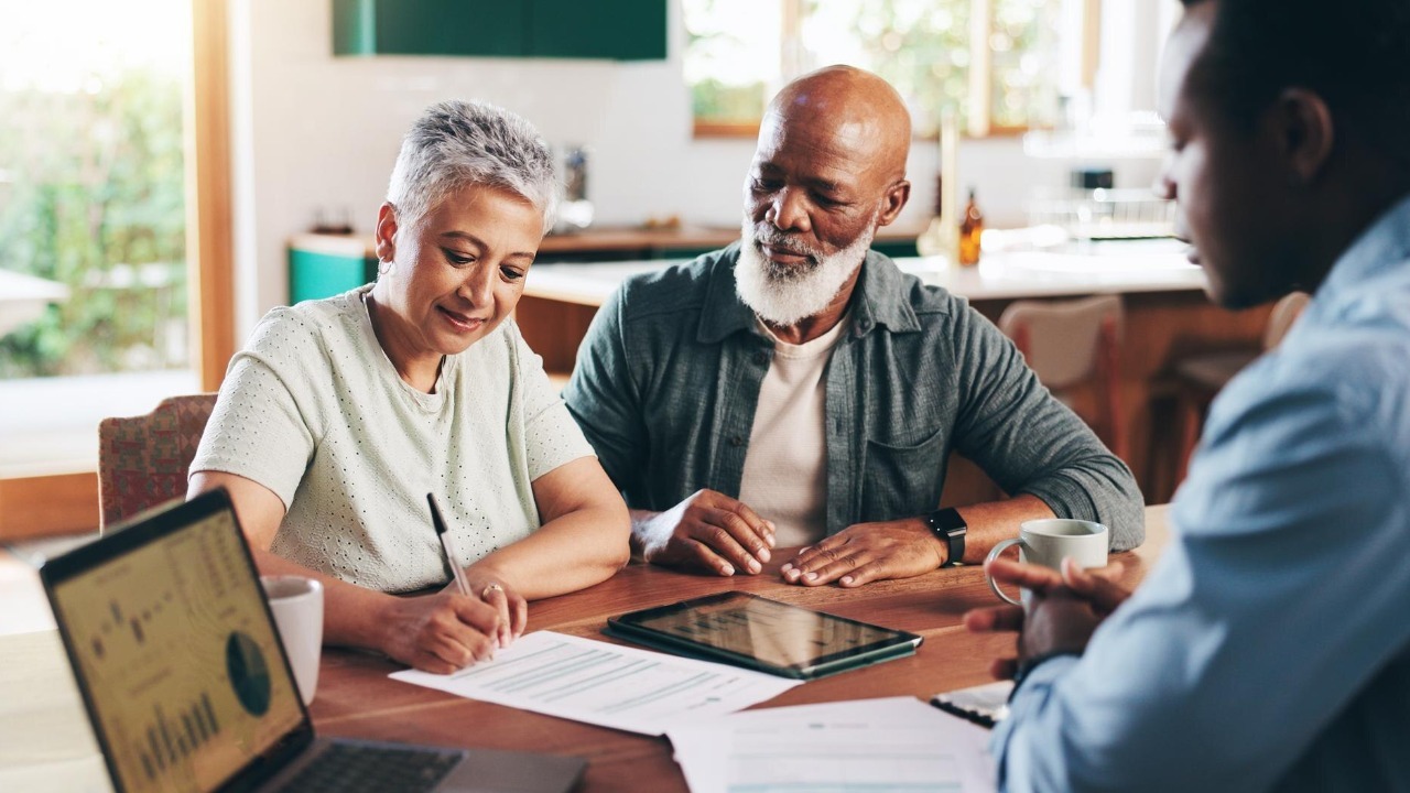 Signature documents and old couple with financial advisor for retirement fund fraud protection and pension planning Trust agreement policy and offer with people at home for account manager