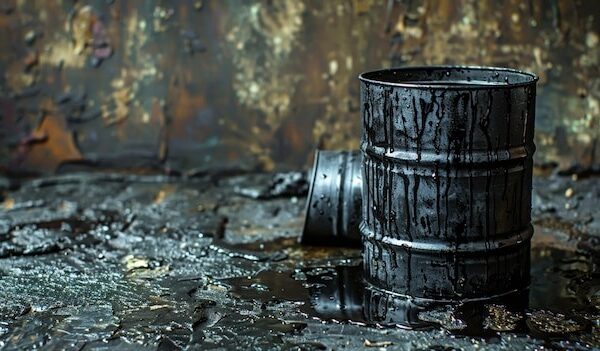 Oil is poured and splash out of the black barrel and full barrel of oil