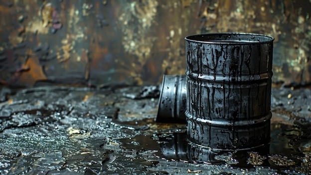 Oil is poured and splash out of the black barrel and full barrel of oil