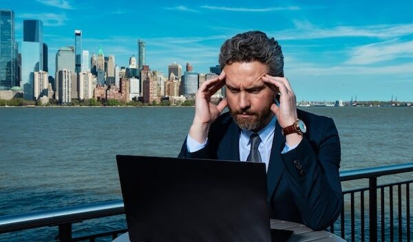 Business man using laptop outdoor in new york city business american success american business dream