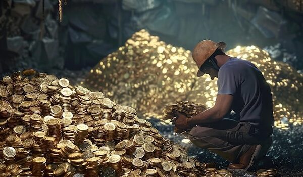 a man is working in a cave with a pile of coins