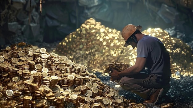 a man is working in a cave with a pile of coins