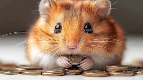 Meme with hamster tucks coins behind his cheeks for savings Hamster holding coin on scattered money concept of inflation savings and financial safety economics concept