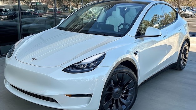 Front view of white Tesla Model S electric car parked in the street
