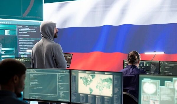 A hacker working in a governmental IT workspace with the USA flag