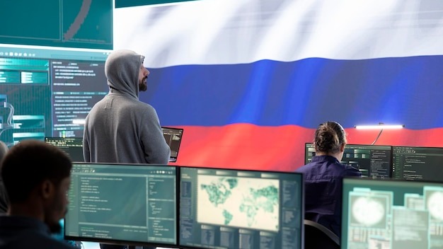 A hacker working in a governmental IT workspace with the USA flag