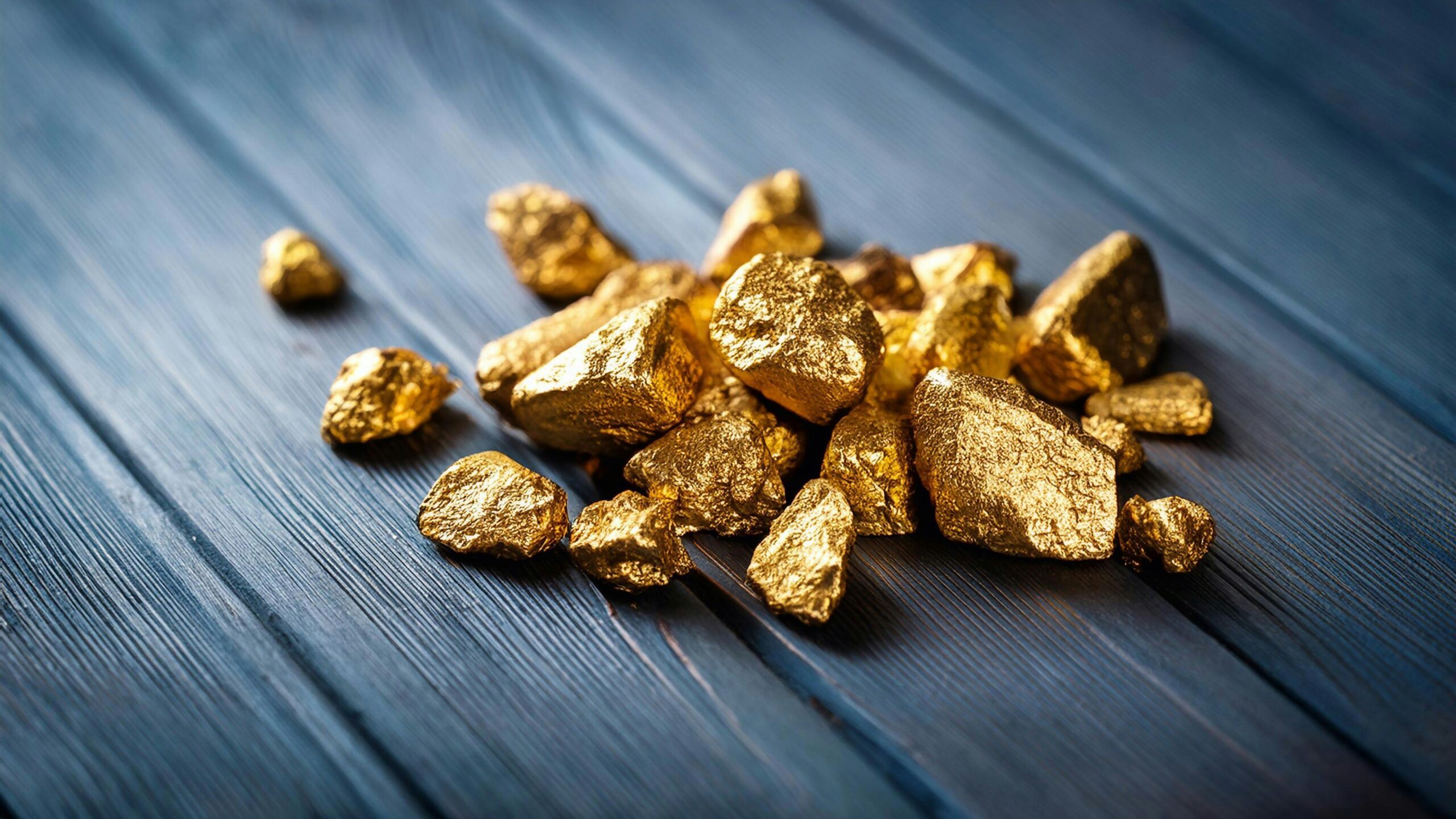 A pile of gold nuggets sitting on top of a wooden table