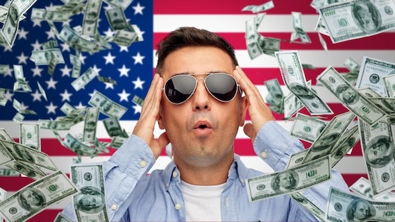 business, finance, luck, fortune and people concept - face of scared or surprised middle aged latin man in sunglasses over american flag background with heap of falling dollar money