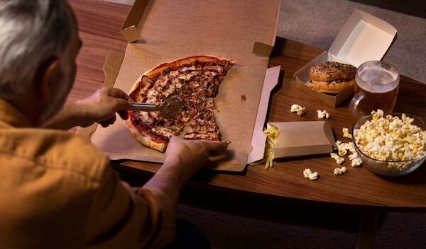Man enjoying a pizza while being home alone