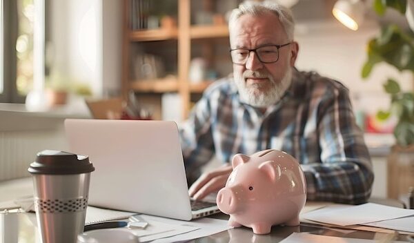 Piggy bank in soft focus on desk with blurred elderly man using laptop to fill out Internet pension application do accounting and paperwork at home manage personal finance or pay bills online