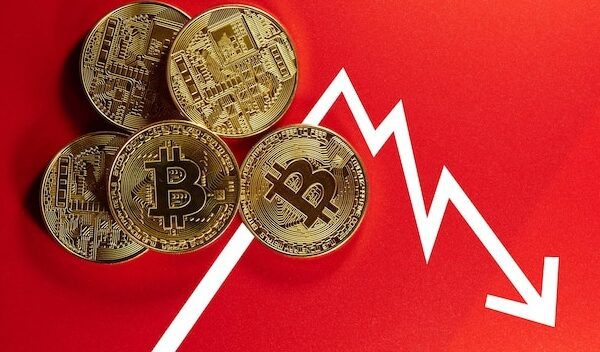 Physical golden coins of bitcoins on a red background, collage with the schedule. Digital cryptocurrency fall concept
