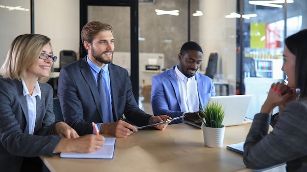 Job interview with the employer, businessman listen to candidate answers.