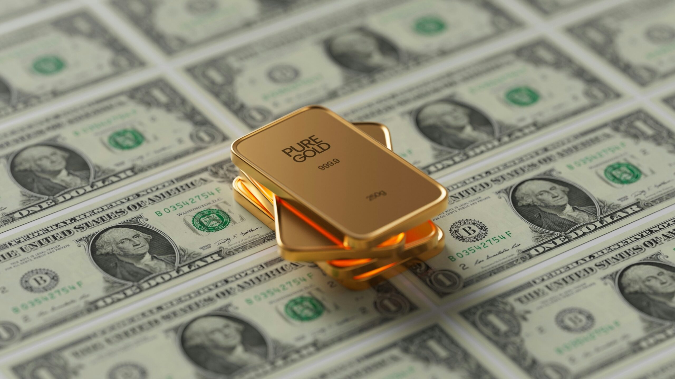 a gold bar sitting on top of a pile of money