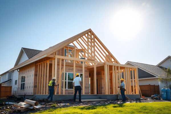 Construction work crew building a new house in a residential neighborhood wood framing started