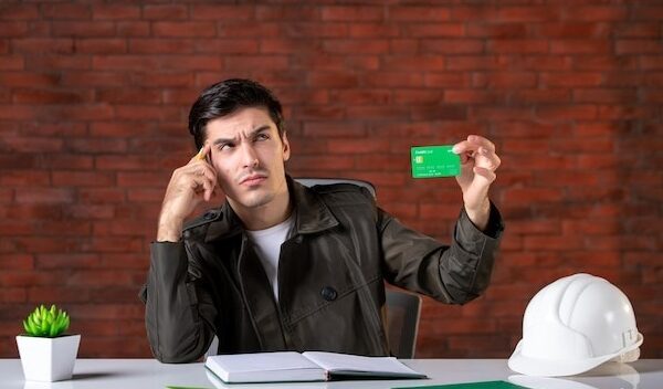 Front view male engineer sitting behind his working place and holding green credit card builder money plan corporate contractor business property