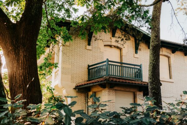 A house peeks through trees and foliage.