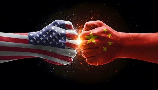 USA vs China Trade War Concept with Clashing Fists and Sparks