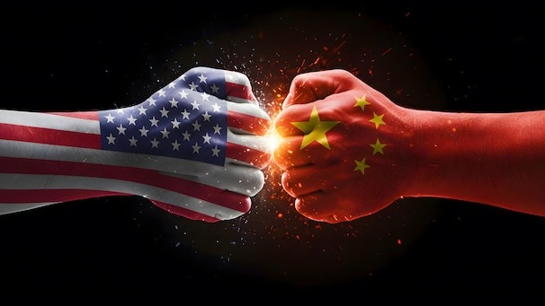 USA vs China Trade War Concept with Clashing Fists and Sparks