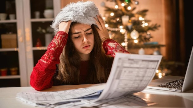 Sad woman holding her head over utility bills in Christmas eve Worried dissatisfied woman holding h