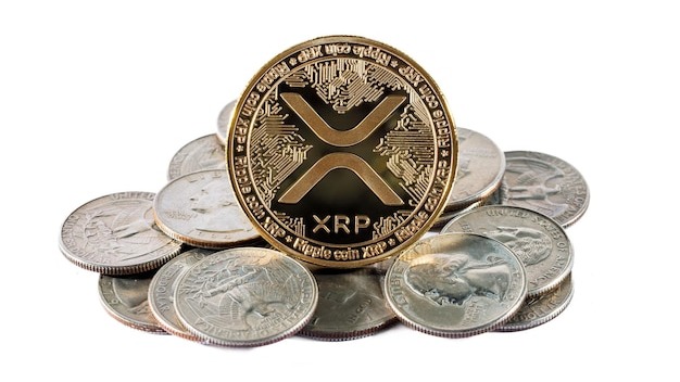 XRP Ripple Cryptocurrency Golden coin with US dollar coins