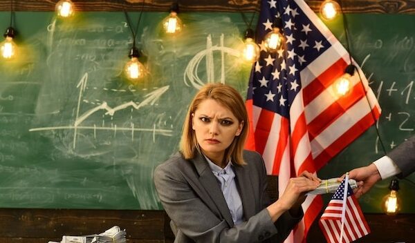 Politician woman Offering Stack Of US Money To man