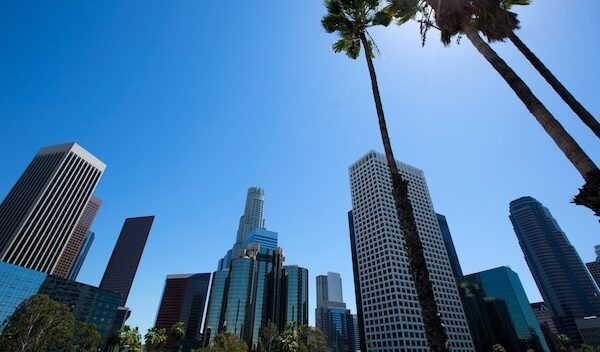 Downtown LA Los Angeles skyline California from 110 fwy