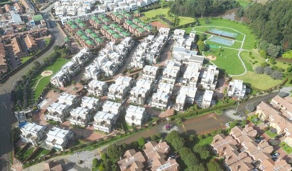Aerial shot of subdivision houses at the urban town of Chia in Cundinamarca Colombia