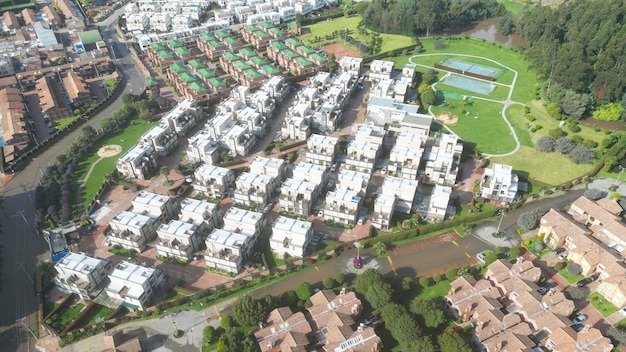 Aerial shot of subdivision houses at the urban town of Chia in Cundinamarca Colombia