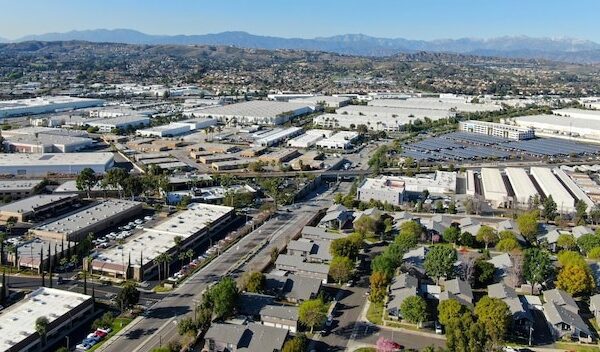 Aerial top view of residential subdivision house in Diamond Bar Eastern Los Angeles California