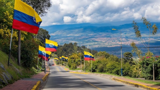 A scenic view of Bogota with Colombian flags flying with copy space