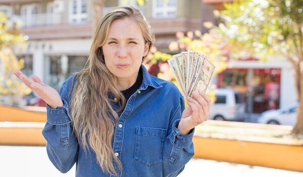 shrugging feeling confused and uncertain dollar banknotes concept