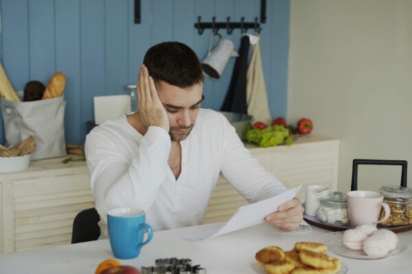 Man sitting at table reading papers with breakfast.