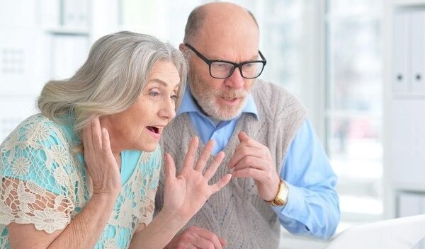 Portrait of an elderly couple with a laptop