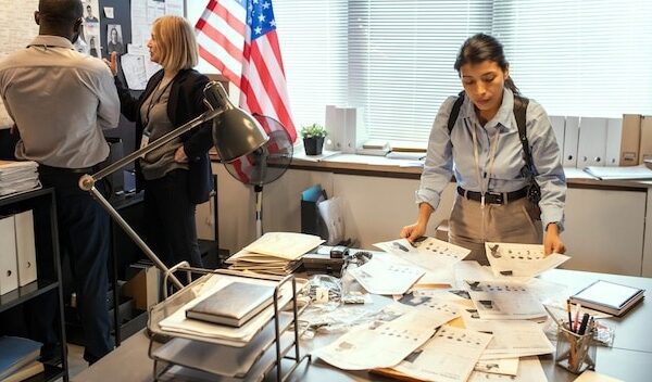 Young female fbi agent looking through criminal profiles of gang members