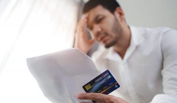 stressed Asian man holding credit card and bill