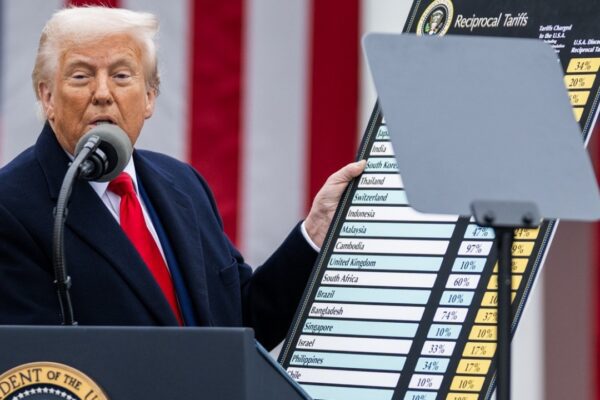 Donald Trump with new Presidential tariff chart on 2 April 2025 at the White House (cropped)