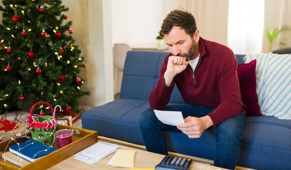 Man anxiously tallying up his holiday spending and clutching a receipt