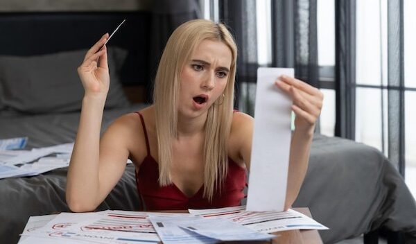 Stress young woman sit at at table pay credit card debt Blithe