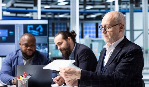 Factory managers and investors analyze technical production data documents