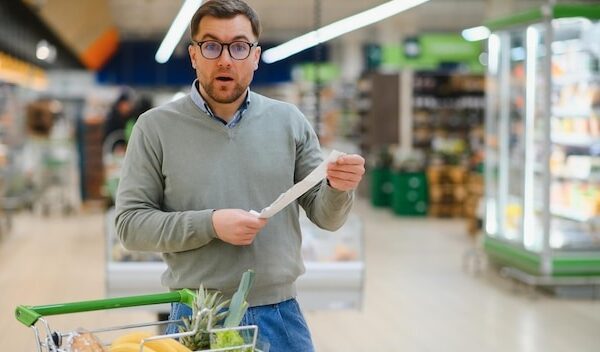 Shocked caucasian man with rounded eyes looking at extremely long bill Amazed buyer doing grocery shopping and getting surprised by prices