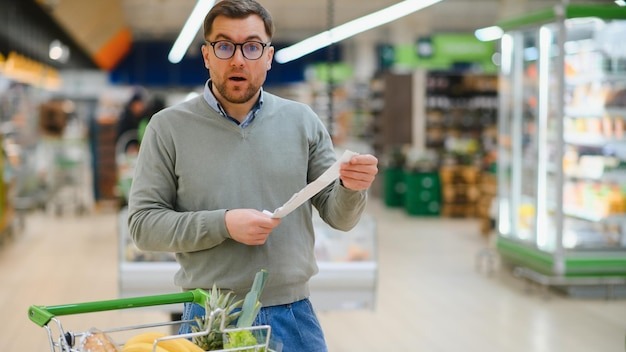 Shocked caucasian man with rounded eyes looking at extremely long bill Amazed buyer doing grocery shopping and getting surprised by prices