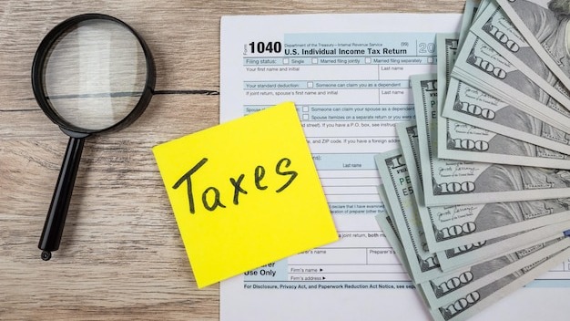 1040 tax form on a wooden table Tax time Financial concept