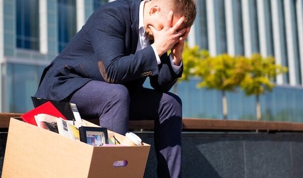 Depleated former employee sitting with his belongings stuffed in a box next to him