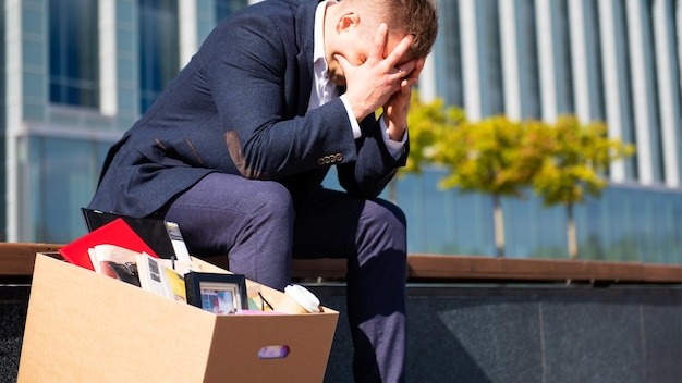 Depleated former employee sitting with his belongings stuffed in a box next to him