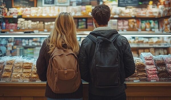 Two individuals with backpacks stand side by side admiring a colorful display of sweets and snacks at a bustling market while the sun sets